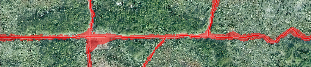 Automatically extracted forest line center and footprint overlaying aerial photo.